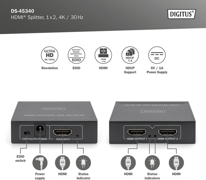 Actual product image Digitus HDMI® Splitter, 1x2, 4K / 30 Hz