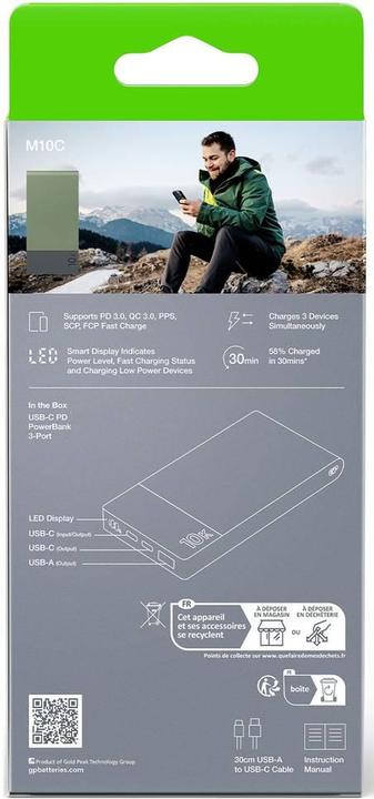 Actual product image GP Batteries GP PowerBank M2+ 10C 10000mAh 2xUSB-C/1xUSB-A green LED display (10000 mAh, 22.50 W, 37 Wh)