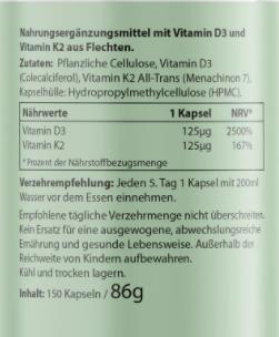 Valori nutrizionali e ingredienti Biotanicals Vitamina D3 + K2 150 capsule (150 Pezzo/i, Pillole, 86 g)