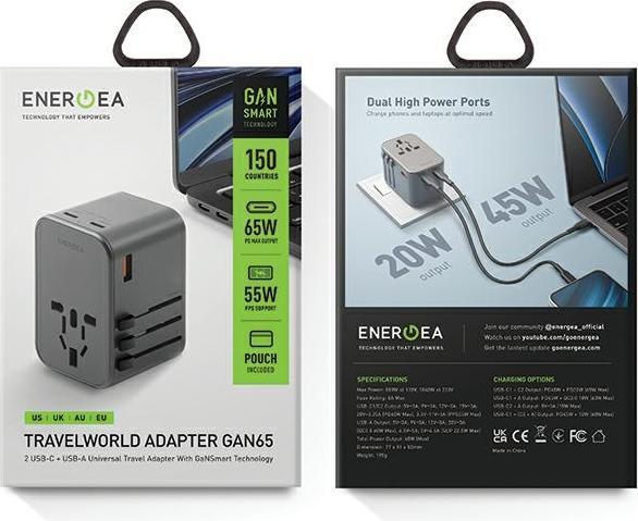 Image du produit Energea ład. siec. 1xUSB+2xUSB-C PD-PPS-QC 3.0 65W 1A2C adapter 4w1 US/UA/UE/UK szary/gunmetal Trave (65 W)