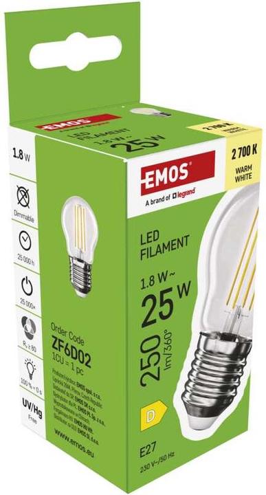 Actual product image Emos LED lamp Filament Mini Globe / E27 / 1.8 W (25 W) / 250 lm / Warm white (E27, 1.80 W, 250 lm, 1 x, D)