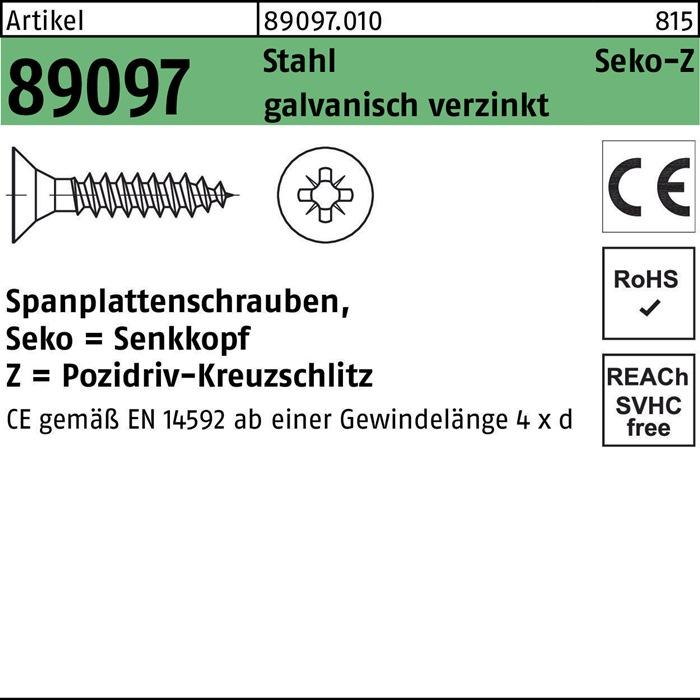 Produktbild Spanplattenschraube R 89097 SEKO Kreuzschlitz-PZ VG 5 x 50 -Z Stahl galvanisch verzinkt (500 Schrauben pro Stück)