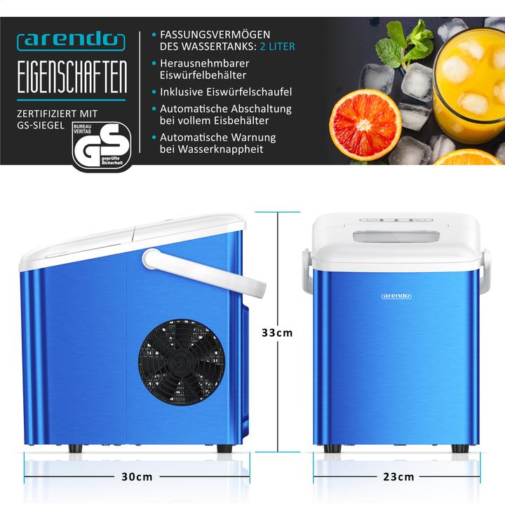 Produktbild Arendo Eiswürfelmaschine, 120W mit 1,5L Behälter, Eiswürfelbereiter, 9 Eiswürfel in 9 Minuten, Blau