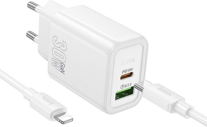 Actual product image Hoco Adapter wall charger USB A + Type C + cable Type C to Lightning PD QC3.0 3A 30W N63 white (18 W)