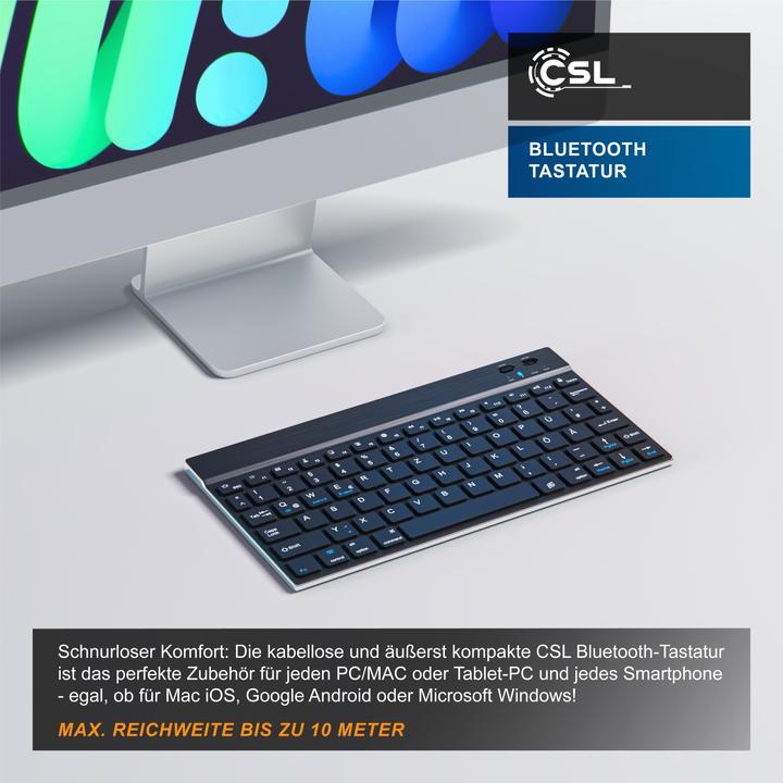 Produktbild CSL Wireless Tastatur, Ultra Slim Keyboard, Bluetooth, Aluminium Gehäuse, DE Layout, BT 3.0, schwarz (DE, Kabellos)