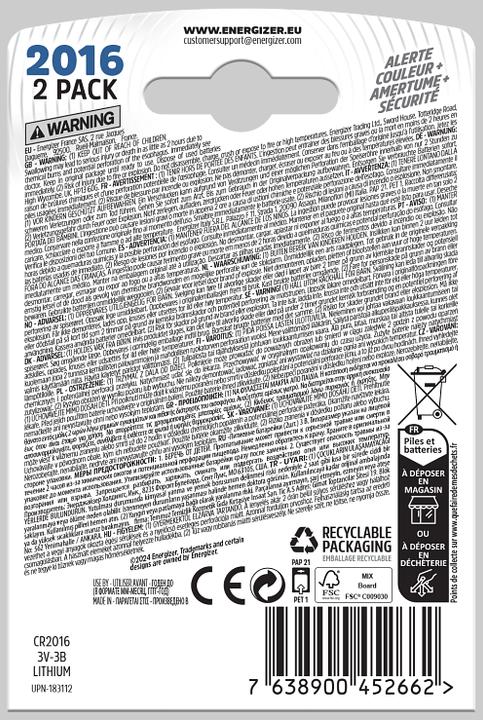 Produktbild Energizer Knopfzelle CR 2016 3 V 2 St. 90 mAh Lithium E304205800 (2 Stk., CR2016, 90 mAh)