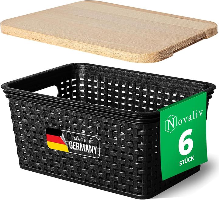 Produktbild Novaliv 6er Set Aufbewahrungsboxen mit Holzdeckel Klein 5L Korb Schwarz in Rattan Design Lebensmitte (5 l)