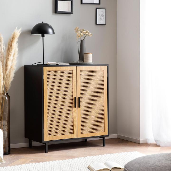 Produktbild FineBuy Sideboard Anrichte 80 cm Kommodenschrank Schwarz mit Wiener Geflecht (80 x 40 x 87 cm)