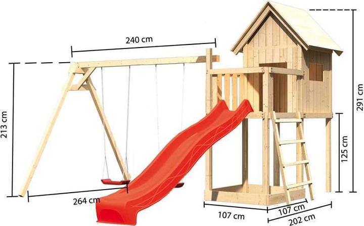 Akubi Karibu Stelzenhaus "Benjamin" SET aus nordischer Fichte, terragrau mit Rutsche violett, Sandkasten