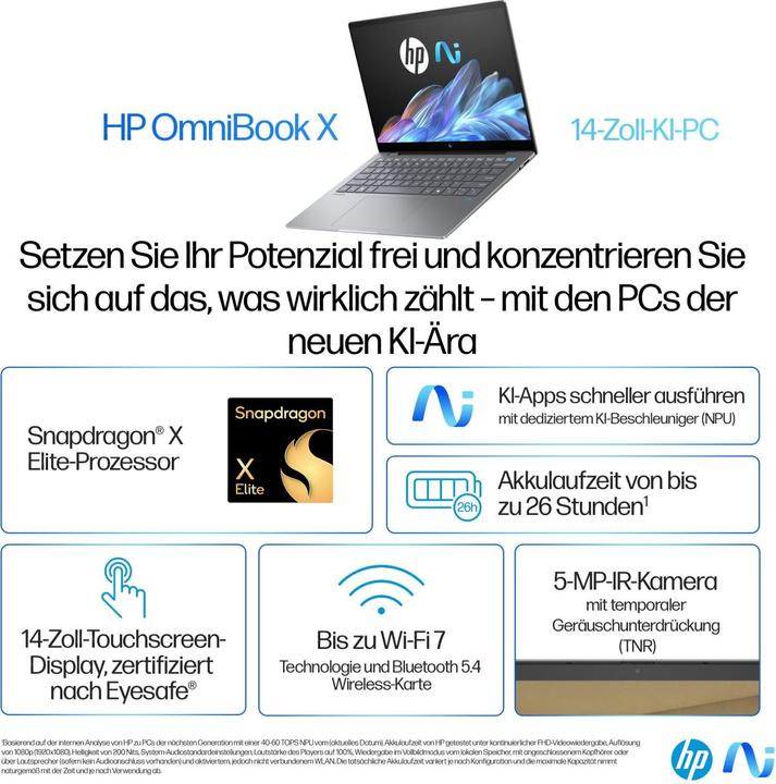 Produktbild HP OmniBook X AI 14-fe0165ng (14", Snapdragon X Elite X1E-78-100, 16 GB, 1000 GB, DE)