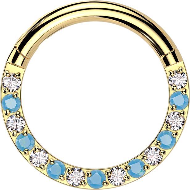 Produktbild Star Piercing Micro Segmentring klappbar vergoldet front Kristalle silber mit Türkis Steinen (Titan G23)