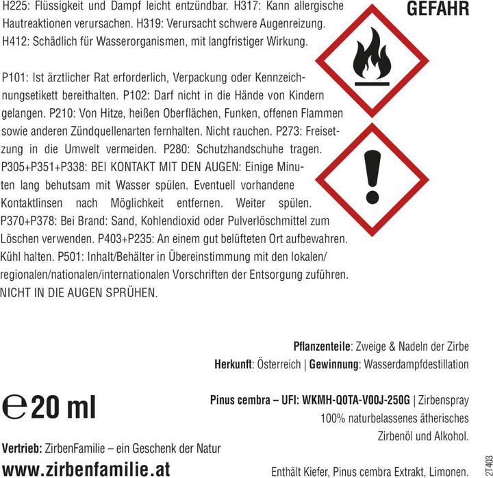 Actual product image ZirbenFamilie Swiss Pine Spray 20ml
