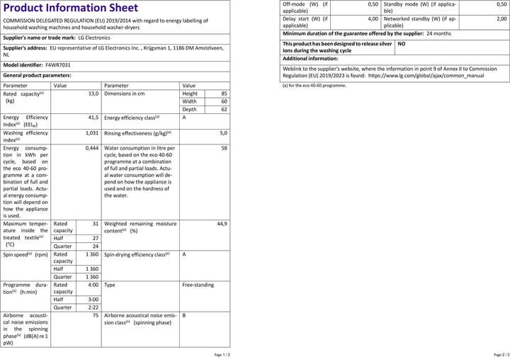 Nutritional values and ingredients LG F4WR7031 (13 kg, Left)