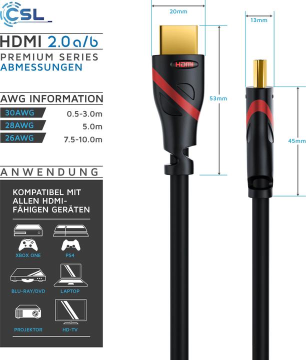 Actual product image CSL HDMI cable 2.0b, 4K Ultra HD 60Hz, UHD, Full HD, 3D, ARC, CEC, High Speed with Ethernet (0.25 m, HDMI)