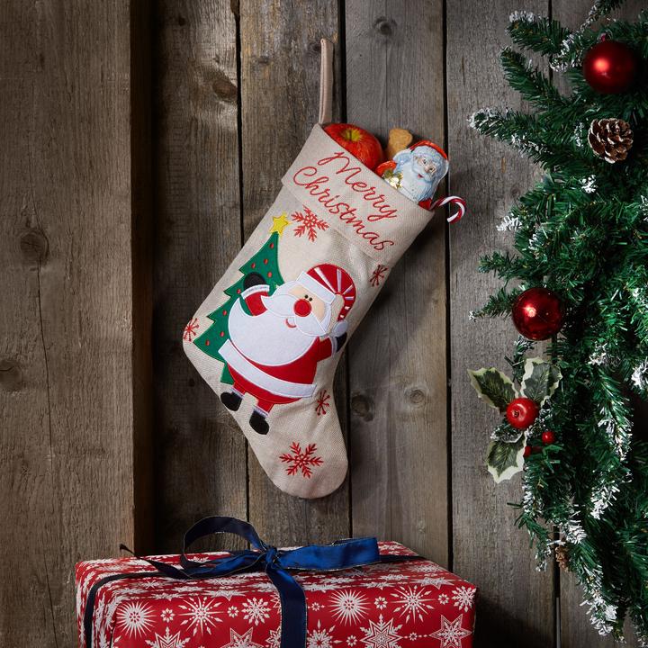 Produktbild tectake Nikolausstiefel in Jute-Optik mit Weihnachtsmann-Motiv