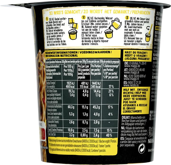 Valeurs nutritives et ingrédients Maggi MAGIC ASIA Saucy Noodles Coupe classique d'Asie (75 g)