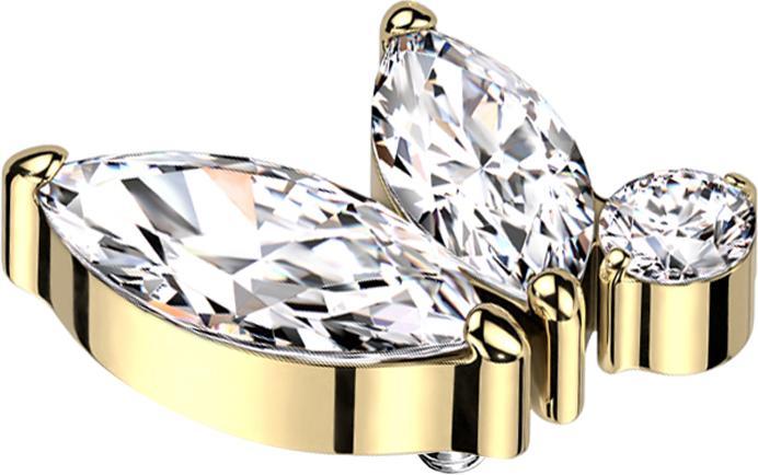 Produktbild Star Piercing Dermal Anchor vergoldet zwei Ovale Kristalle silber ein runder Kristall silber (ohne Messing, Titan G23)