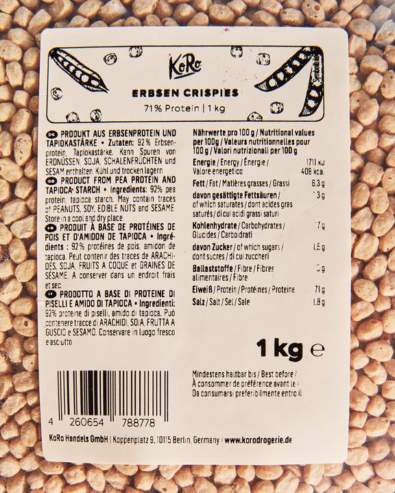 Valeurs nutritives et ingrédients KoRo Produit à base de protéines de pois et d'amidon de tapioca (1 pcs, 1000 g)