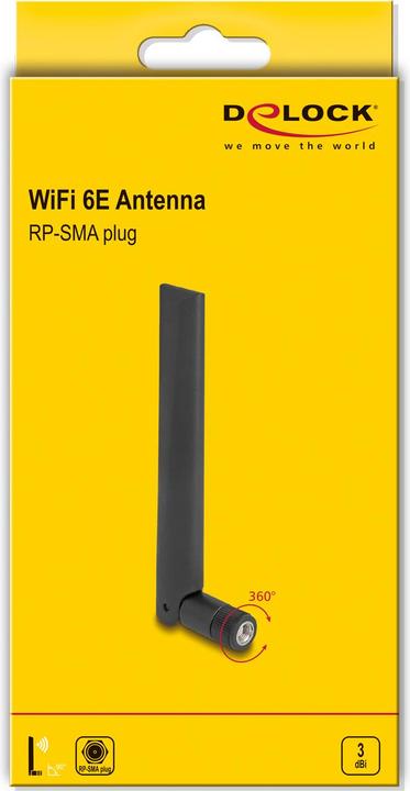Productafbeelding Delock WiFi 6E antenne RP-SMA connector 3 dBi omnidirectioneel met kantelverbinding zwart (WiFi)
