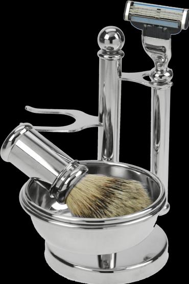 Rasier-Set Chrom mit Schale, Pinsel Rein Dachs Silberspitz, Rasierer mit Mach3 Klinge
