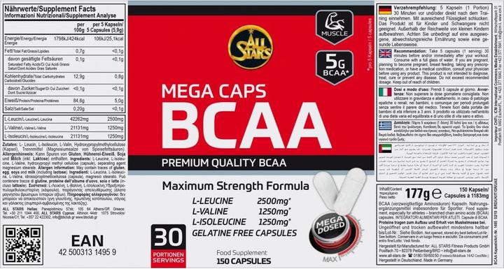 Image du produit All-Stars BCAA Mega Caps (1 pièce(s), Capsules, 177 g)
