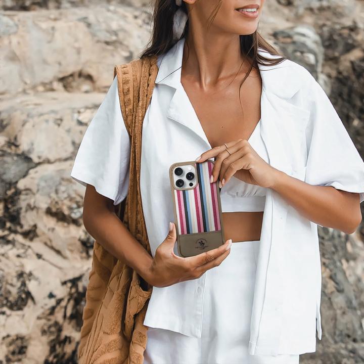 Immagine prodotto Santa Barbara iPhone 16 Pro - Polo Isaac - Premium Sommer-Etui mit Stoffdesign, Streifenmuster, Grau (Apple iPhone 16 Pro)