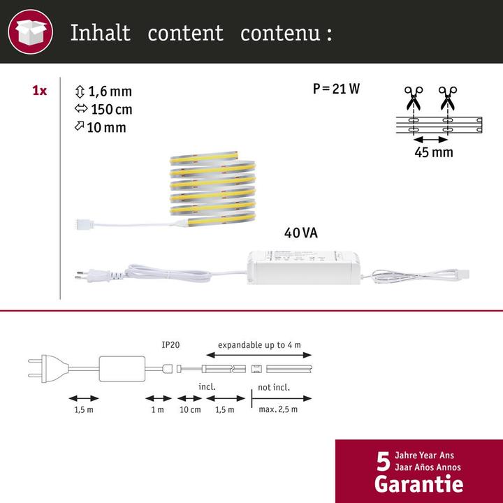 Immagine prodotto Paulmann MaxLED 1000 Set di strisce COB a linea intera (Luce del giorno, 150 cm, Interno)