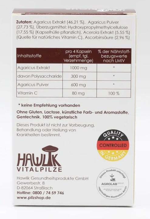 Valeurs nutritives et ingrédients Hawlik Agaricus Extrakt+ (120 pièce(s), Capsules, 110 g)