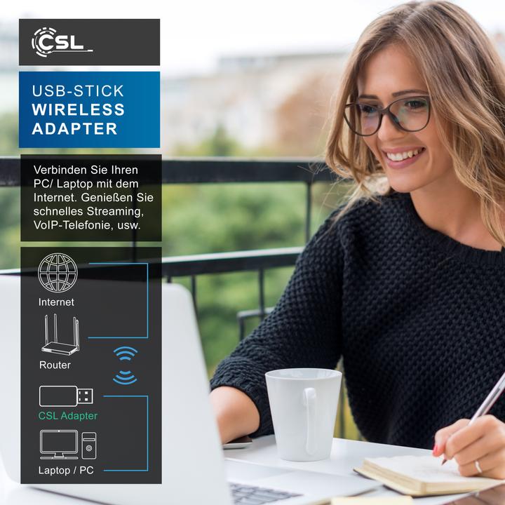 Produktbild CSL WLAN Dongle, 300 Mbit/s USB Stick WiFi Adapter 2,4 Ghz 2T2R, Verstärkung 18 dBm, WEP WPA WPA2 (USB 2.0)