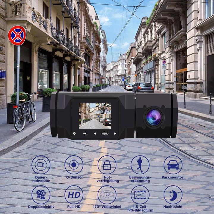 Image du produit Hermex Dual-Dashcam Full-HD Autofront-Kamera Onboard-Kamera Innenraum Auto (Microphone intégré, Vision nocturne, Accéléromètre, Full HD)