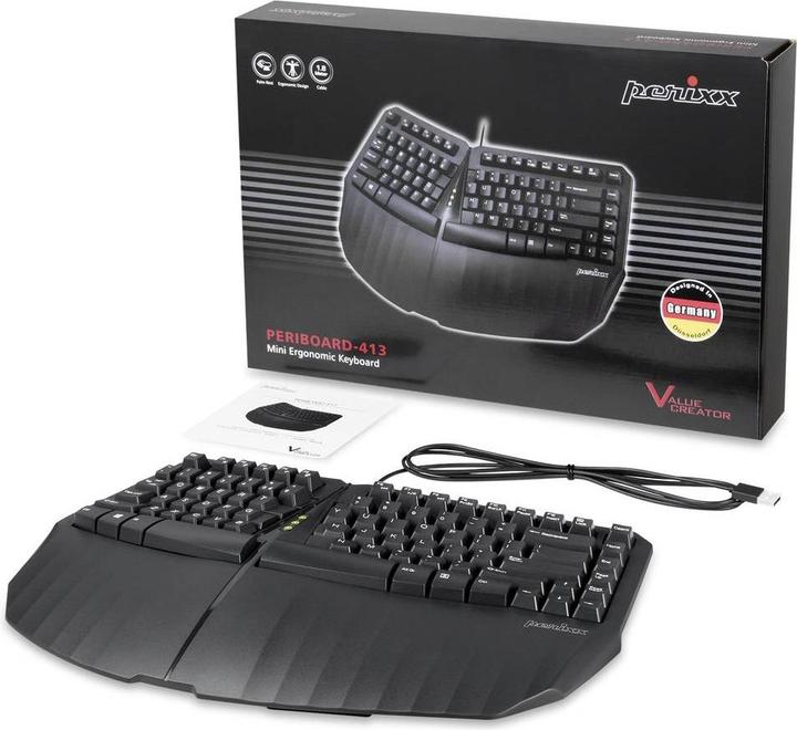 Actual product image Perixx PERIBOARD 413 DE B, ergonomic mini keyboard, black (DE, Cable)