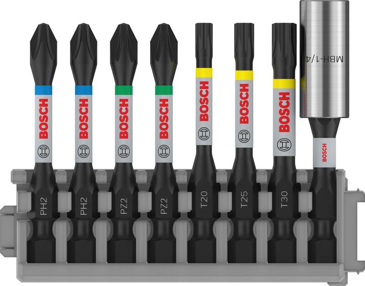 Bosch Professional Zubehör Schrauberbit Impact Control Power Bit Pack, 8-tlg. T20, T25, T30, 2x PH2, 2x PZ2 (Innensechsrund TX M20, Innensechsrund TX M30, Innensechsrund TX M25, Kreuz Phillips PH M2, Kreuz Pozidriv PZ M2)
