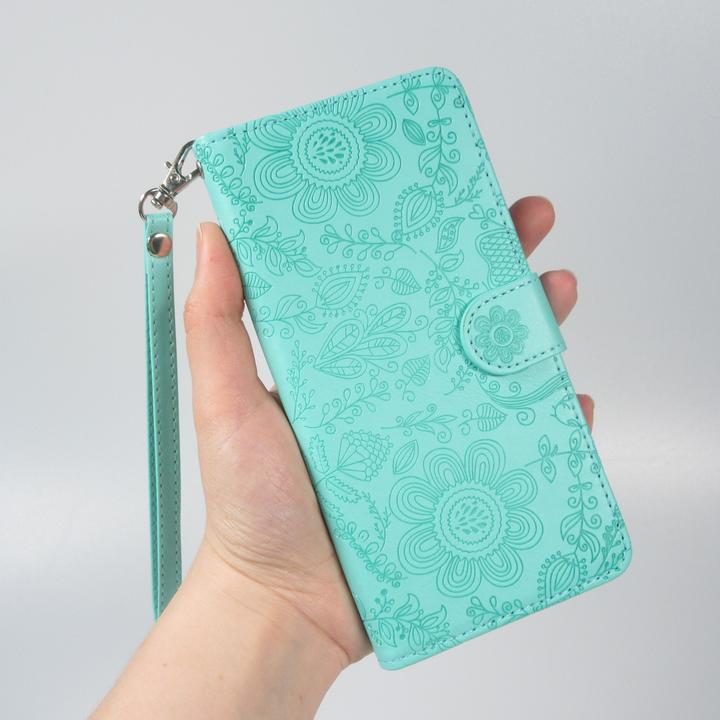 Produktbild PhoneLook Hülle Flip Kartenetui Blumenmuster mit Lanyard Hellblau (Apple iPhone 16)