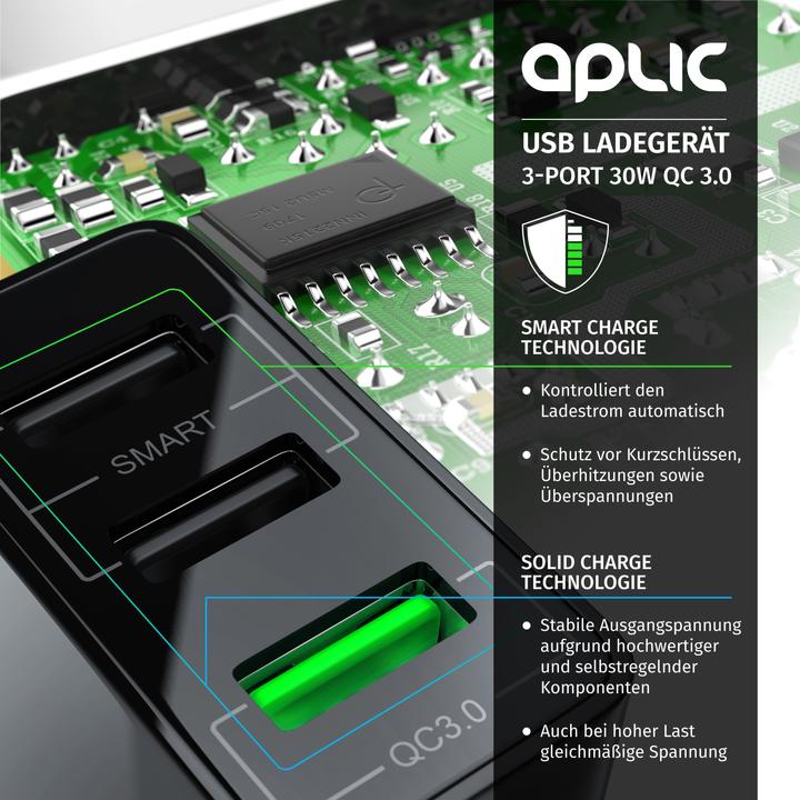 Image du produit Aplic Chargeur USB 3000 mA, 3 ports d'alimentation, Quick Charge 3.0, 2x port USB + 1x port QC 3.0, noir