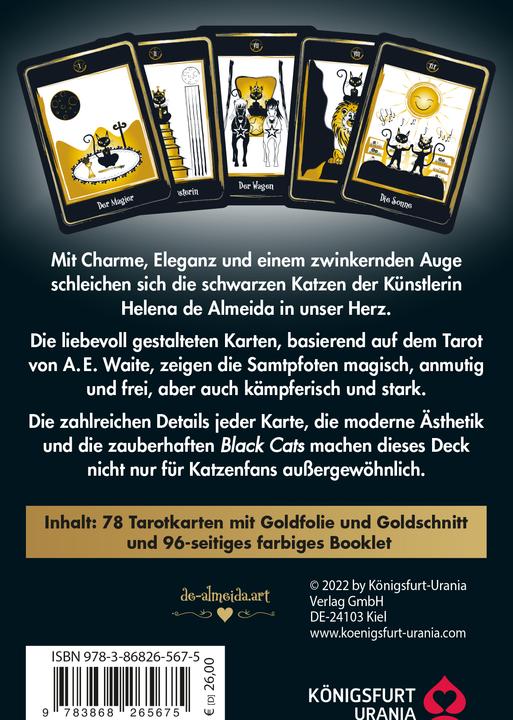 Actual product image Golden Black Cat Tarot - Hochwertige Stülpdeckelschachtel mit Goldfolie (German, Helena de Almeida, 2022)