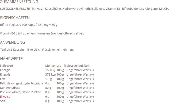 Nährwerte und Zutaten Morga Bifido Vegicaps (100 Stück, Kapseln, 500 g)