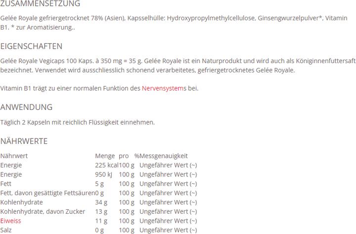 Nährwerte und Zutaten Morga Gelée Royale Vegicaps (100 Stück, Kapseln, 500 g)