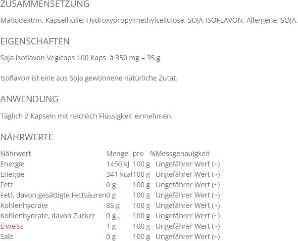 Nährwerte und Zutaten Morga Soja-Isoflavon Vegicaps (100 Stück, Kapseln, 64 g)