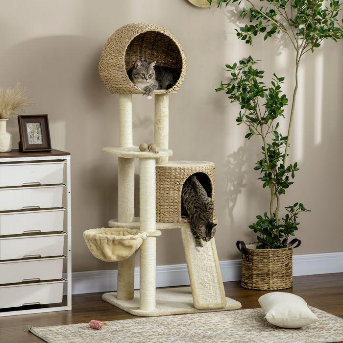 Produktbild Swisshandel24 Kratzbaum, 150 cm, Katzenbaum mit Katzenhaus, Kletterbaum mit Hängematte und Rampe, Katzenkratzbaum (150 cm, Braun, Creme)