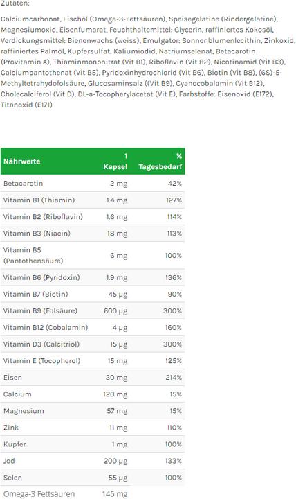 Valeurs nutritives et ingrédients Natalben Plus Quatrefolic (90 pièce(s), Capsules, 170 g)