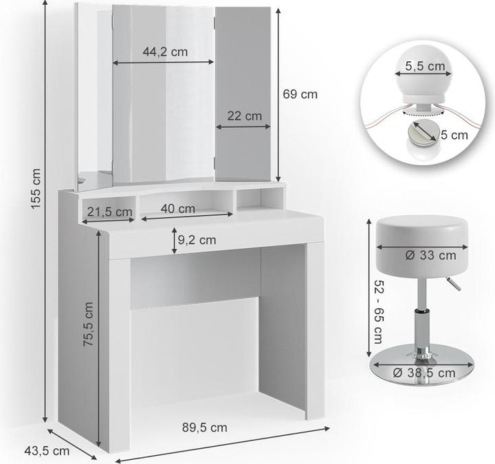 Actual product image Vicco Nora with stool and lighting (43.5 x 43.5 x 155 cm)