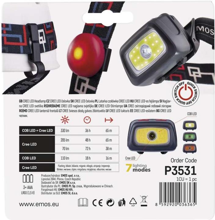 Immagine prodotto Emos Lampada frontale CREE LED + COB LED P3531, 330 lm, 65 m, per 3x AAA (330 lm)