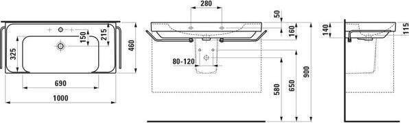 Produktbild Laufen Meda Waschtisch, unterbaufähig, 1000x460mm, Ablage beidseitig, 3 Hahnlöcher, mit Überlauf (1070 mm, 205 mm)