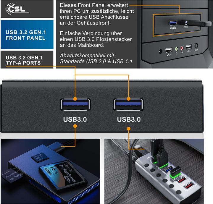Produktbild CSL 2 Port USB 3.0 Frontpanel für 3,5" Laufwerkschächte, bis zu 5Gb/s (USB-A, 2 Ports)