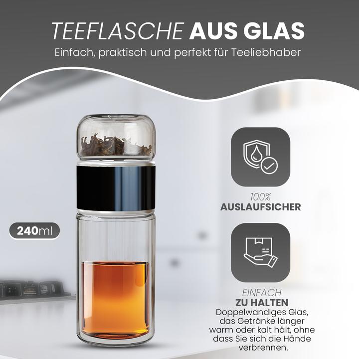 Actual product image Gewürzladen Näfels Rotatable tea bottle made of heat-resistant glass with tea filter - to go (0.24 l)