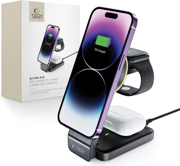 Produktbild Tech-Protect QI15W-A28 inductive MagSafe 3in1 charger with stand for smartphone / Apple Watch / AirP (15 W)