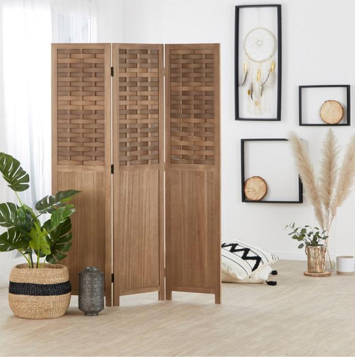 Produktbild Homestyle4u Paravent Raumteiler 3 teilig Holz Trennwand Rattan Optik Sichtschutz Braun