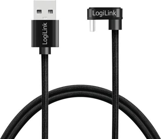 Productafbeelding LogiLink USB 2.0 Type-C kabel, C/M 180° naar USB-A/M, aluminium, zwart, 2 m (2 m, USB 2.0, 20 W)