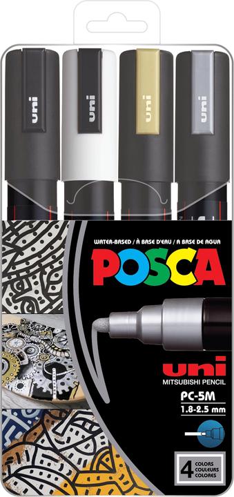 Actual product image Posca Marker PC-5M round tip (Silver, White, Black, Gold, 2.50 mm, 4 x)