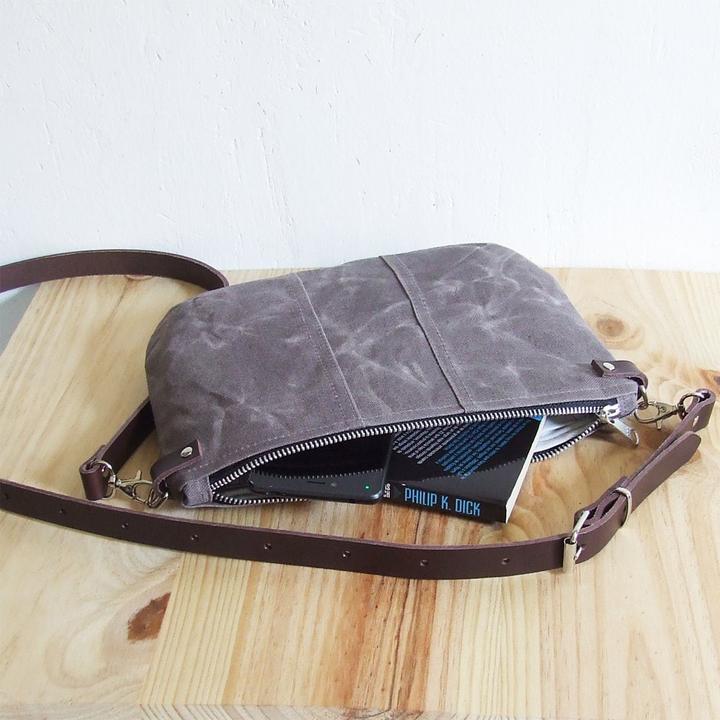 Actual product image Only-Bags.Store Small brown waxed canvas cross-body bag with zip and leather strap